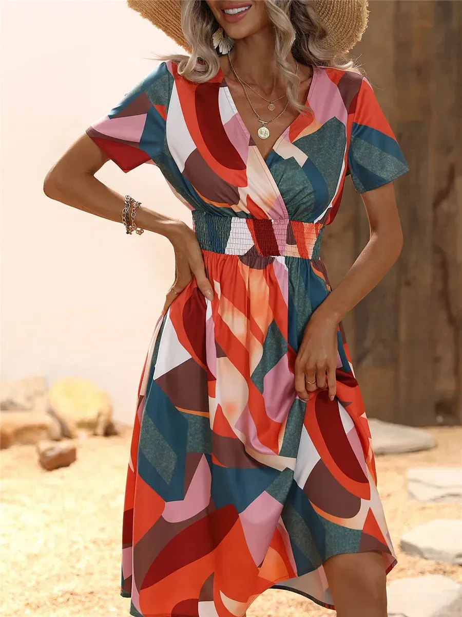 Casual Floral Midi Dress - Short Sleeve