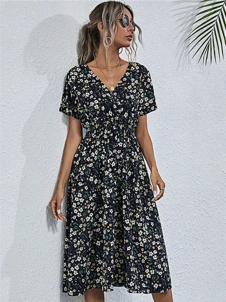Casual Floral Midi Dress - Short Sleeve