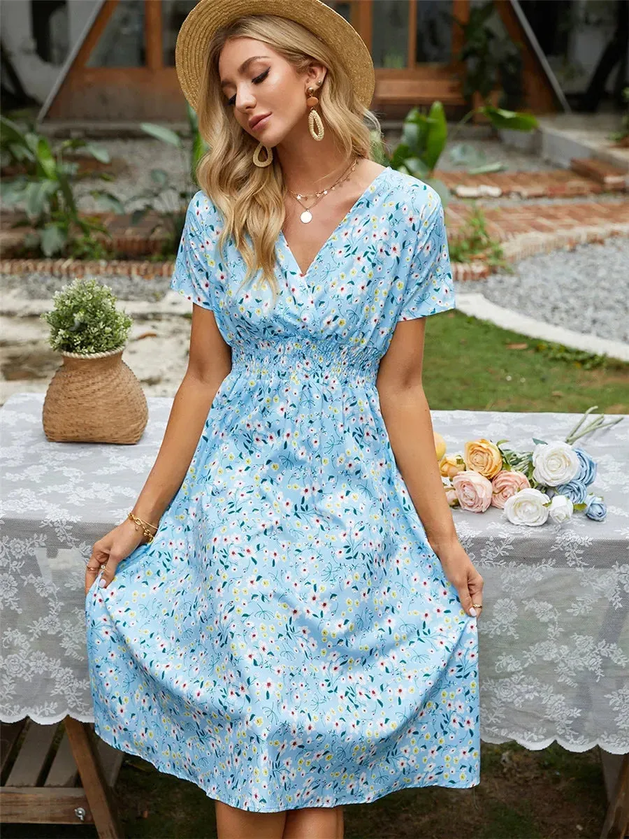 Casual Floral Midi Dress - Short Sleeve