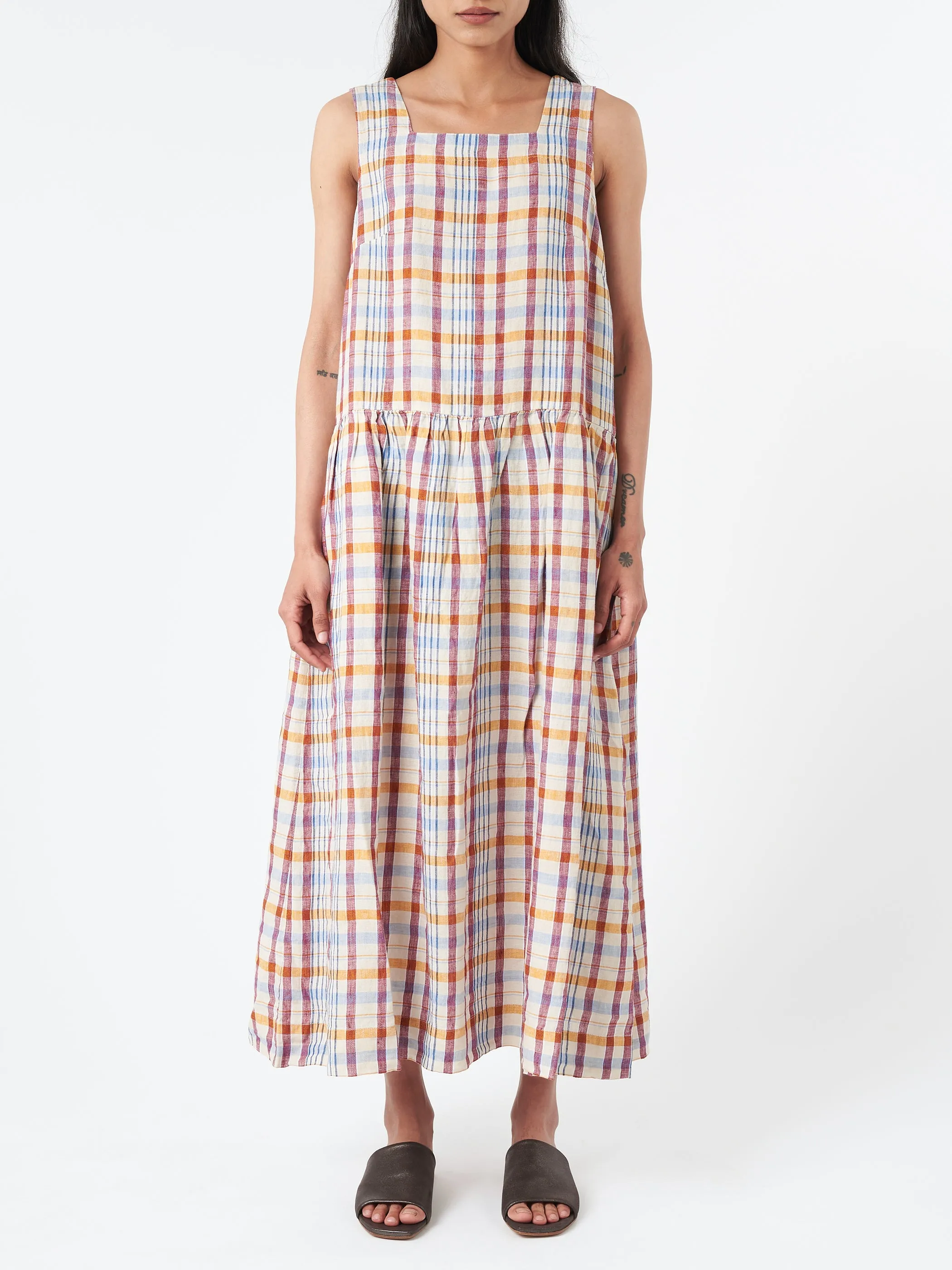 Check Linen Dropped Waist Dress