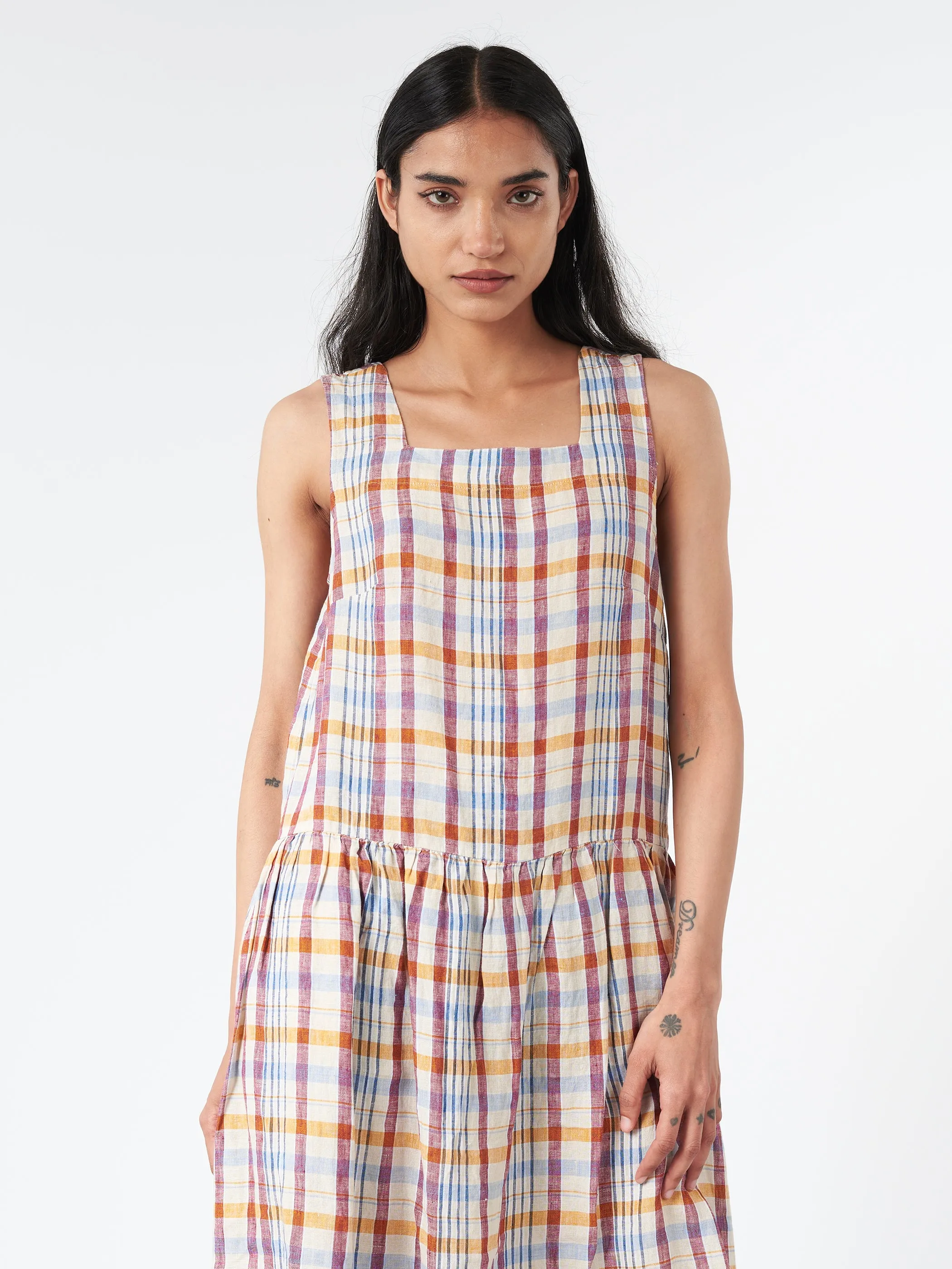 Check Linen Dropped Waist Dress