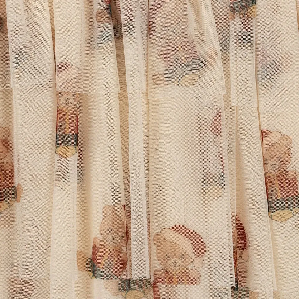 Christmas Teddy Bear Patterned Dress with Tulle Skirt