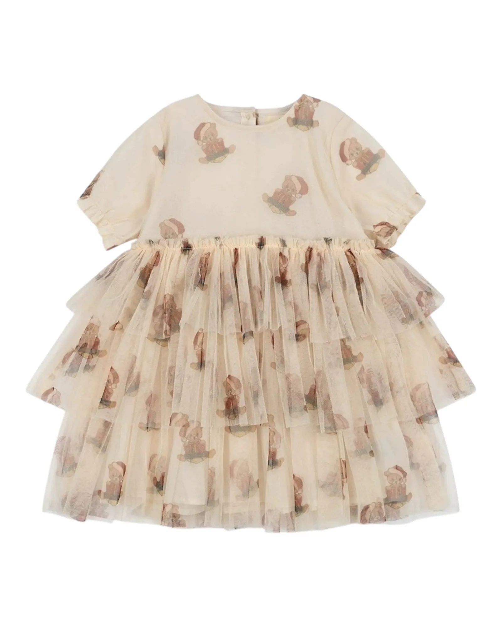 Christmas Teddy Bear Patterned Dress with Tulle Skirt