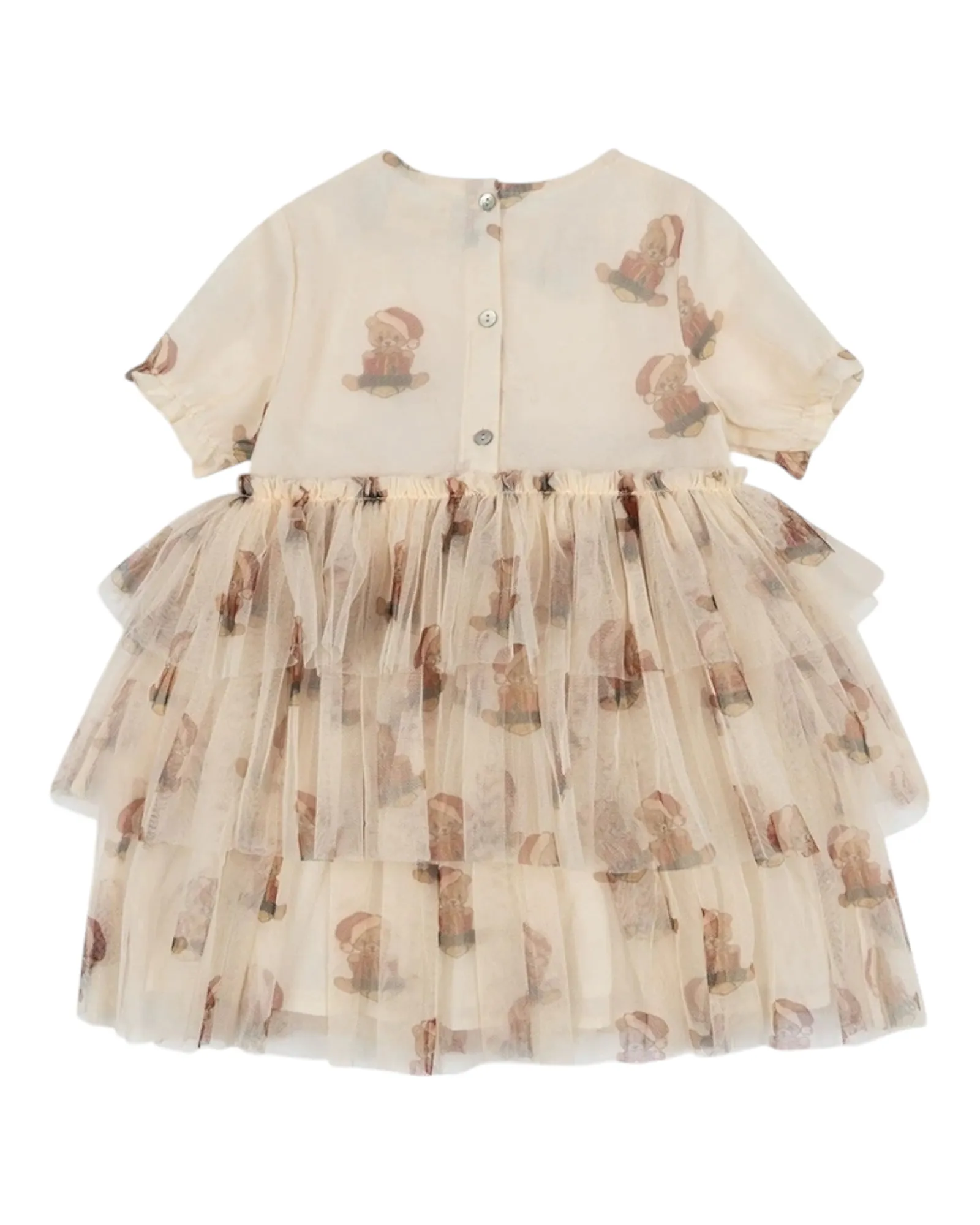Christmas Teddy Bear Patterned Dress with Tulle Skirt