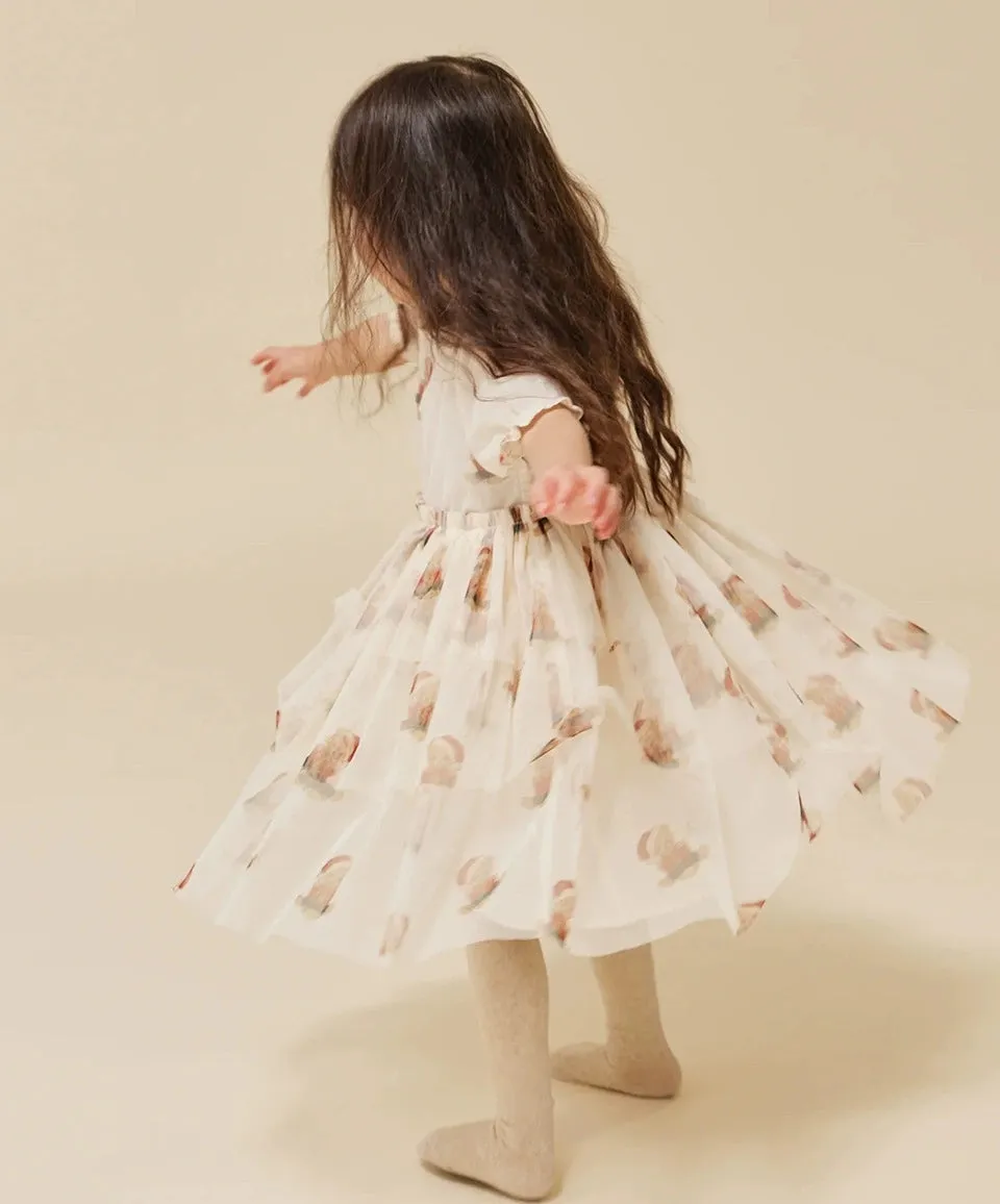 Christmas Teddy Bear Patterned Dress with Tulle Skirt