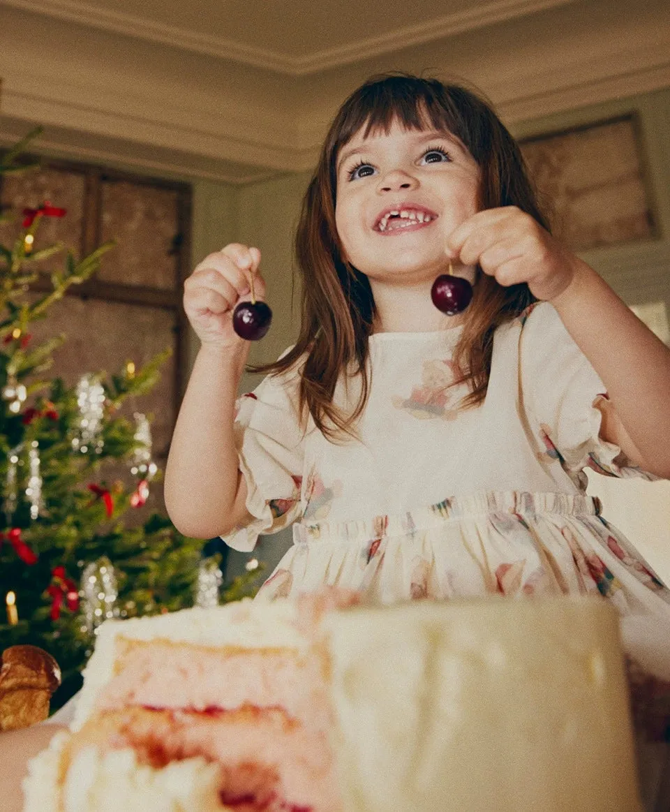 Christmas Teddy Bear Patterned Dress with Tulle Skirt