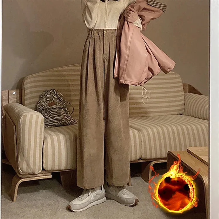 CityHottie - Ins Popular Corduroy Casual Pants Women Solid Tender Retro Wide Leg Trousers High Waist Harajuku Teenager Slouchy Simple Classic
