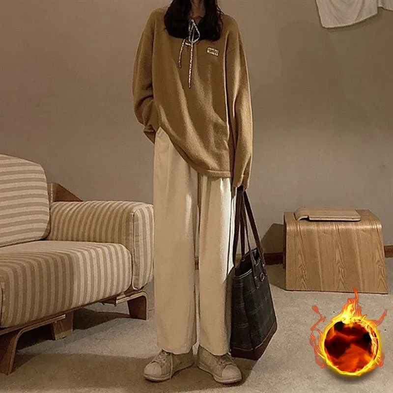 CityHottie - Ins Popular Corduroy Casual Pants Women Solid Tender Retro Wide Leg Trousers High Waist Harajuku Teenager Slouchy Simple Classic