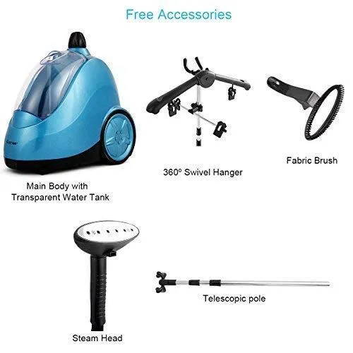 COSTWAY Garment Clothes Steamer, Professional Heavy Duty Powerful 1.7L(58 fl oz) Water Tank Producing 60min of Continuous Steam with Fabric Brush, Garment Hanger and Glove (Blue)