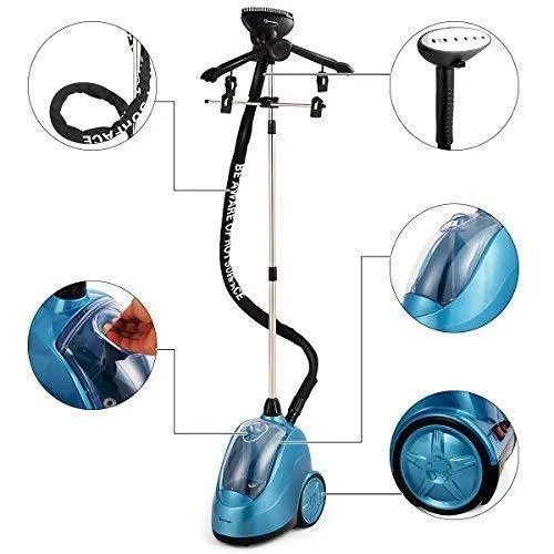 COSTWAY Garment Clothes Steamer, Professional Heavy Duty Powerful 1.7L(58 fl oz) Water Tank Producing 60min of Continuous Steam with Fabric Brush, Garment Hanger and Glove (Blue)