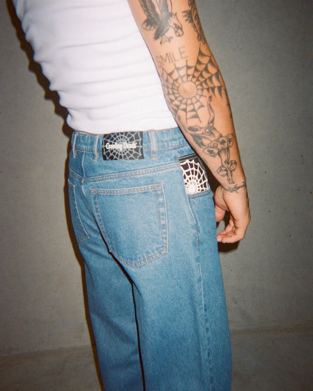 Crawling Death Web Denim Jeans Mid Blue
