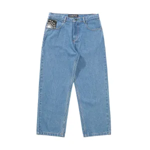Crawling Death Web Denim Jeans Mid Blue