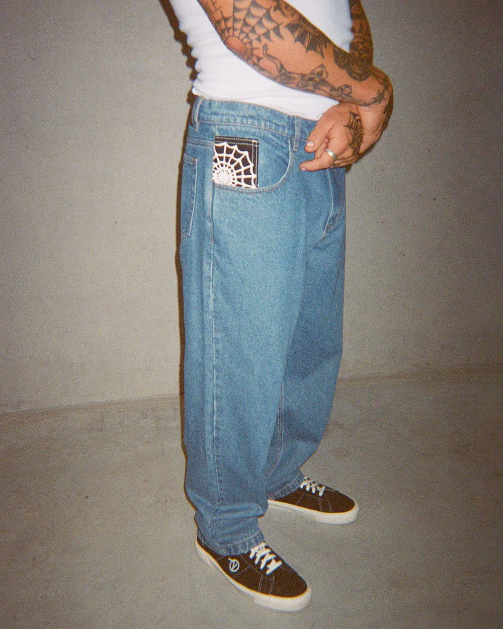 Crawling Death Web Denim Jeans Mid Blue