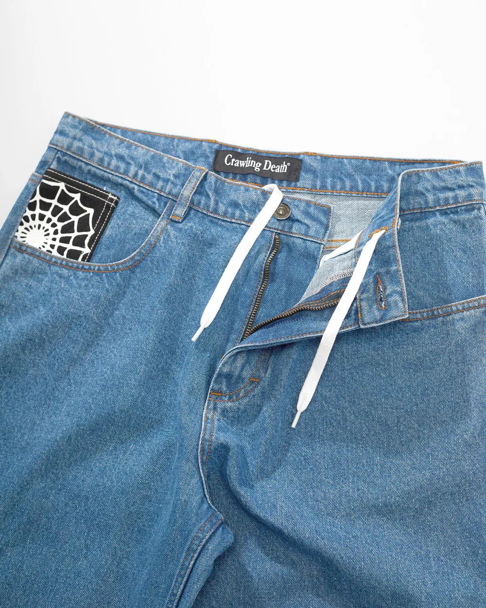 Crawling Death Web Denim Jeans Mid Blue