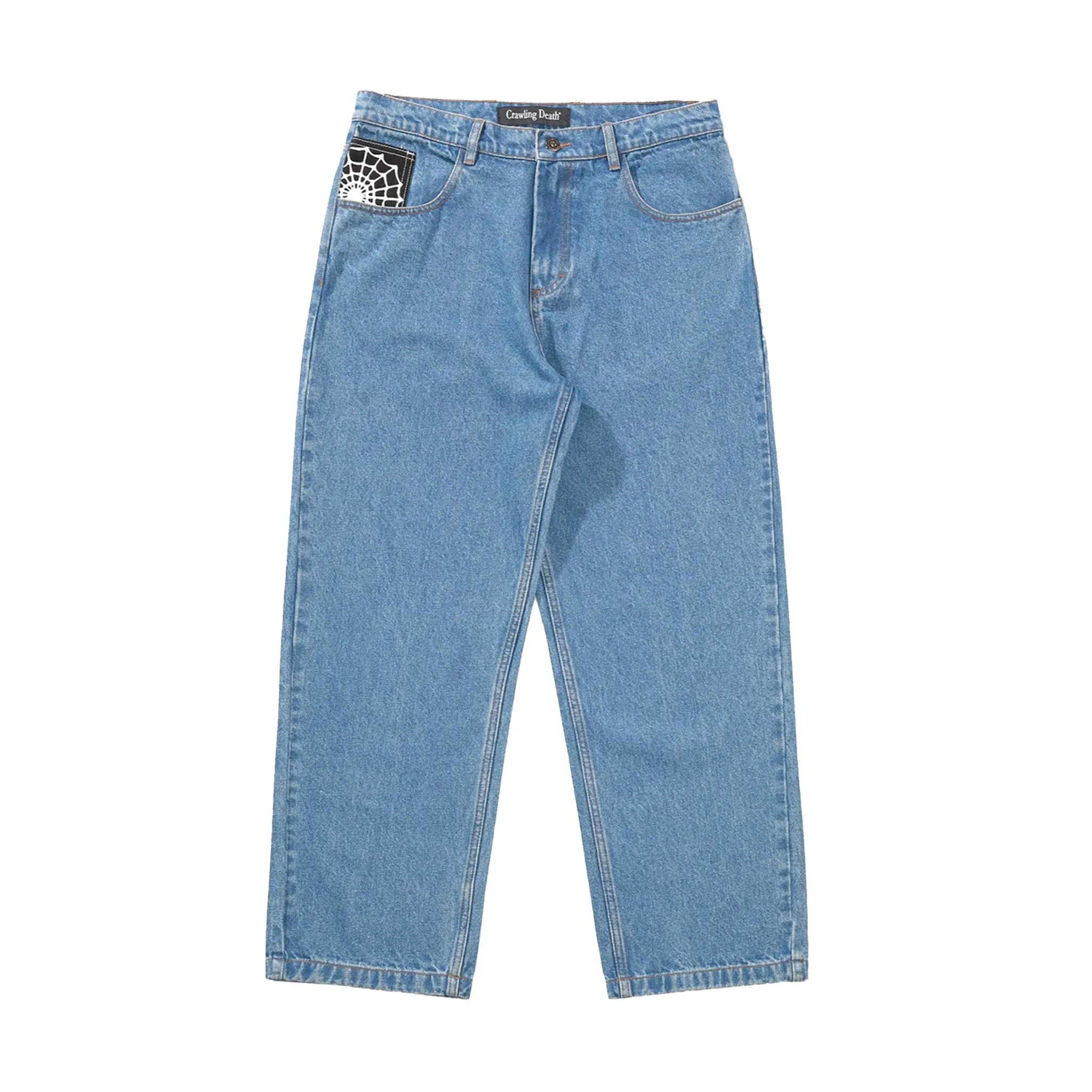 Crawling Death Web Denim Jeans Mid Blue