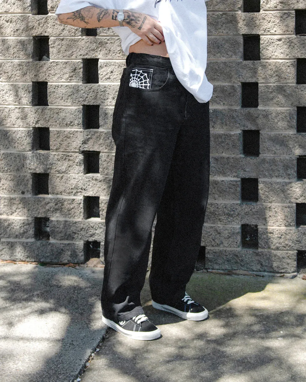 Crawling Death Web Denim Jeans Washed Black