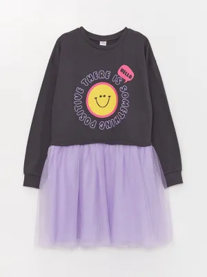 Crew Neck Printed Long Sleeve Girls Dress