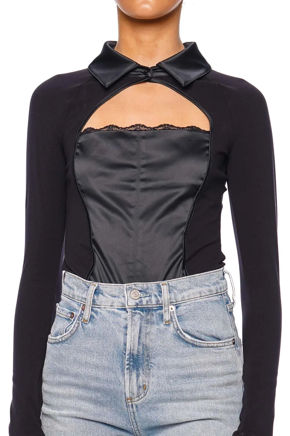 Decollété Stretch Satin Long Sleeve Bodysuit