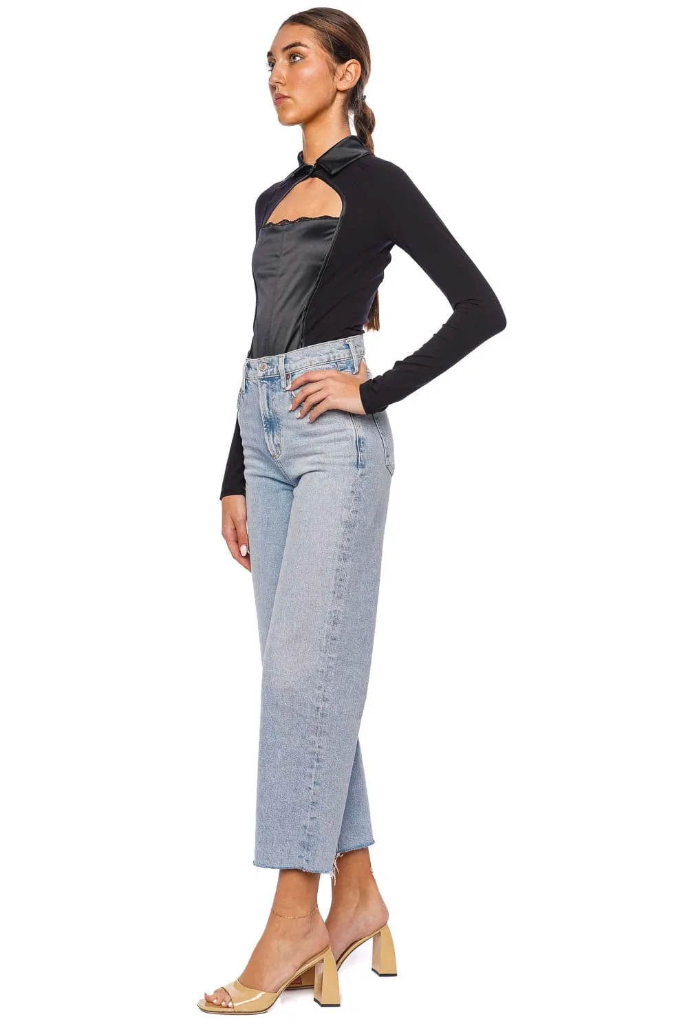 Decollété Stretch Satin Long Sleeve Bodysuit
