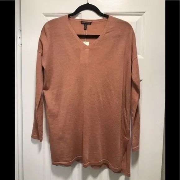 Eileen Fisher V neck tunic sweater in clay color