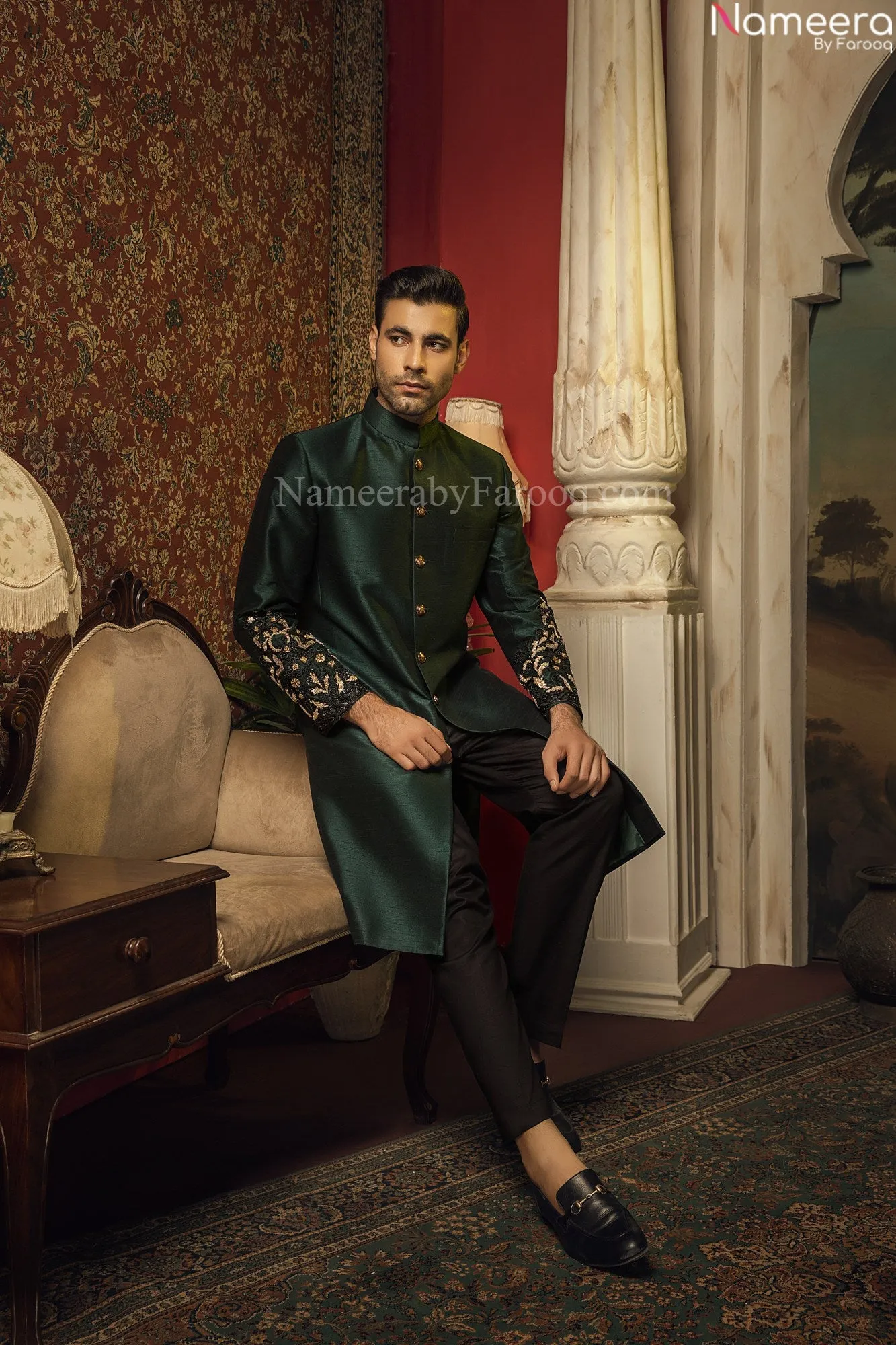 Embellished Pakistani Black Sherwani for Groom #GN28