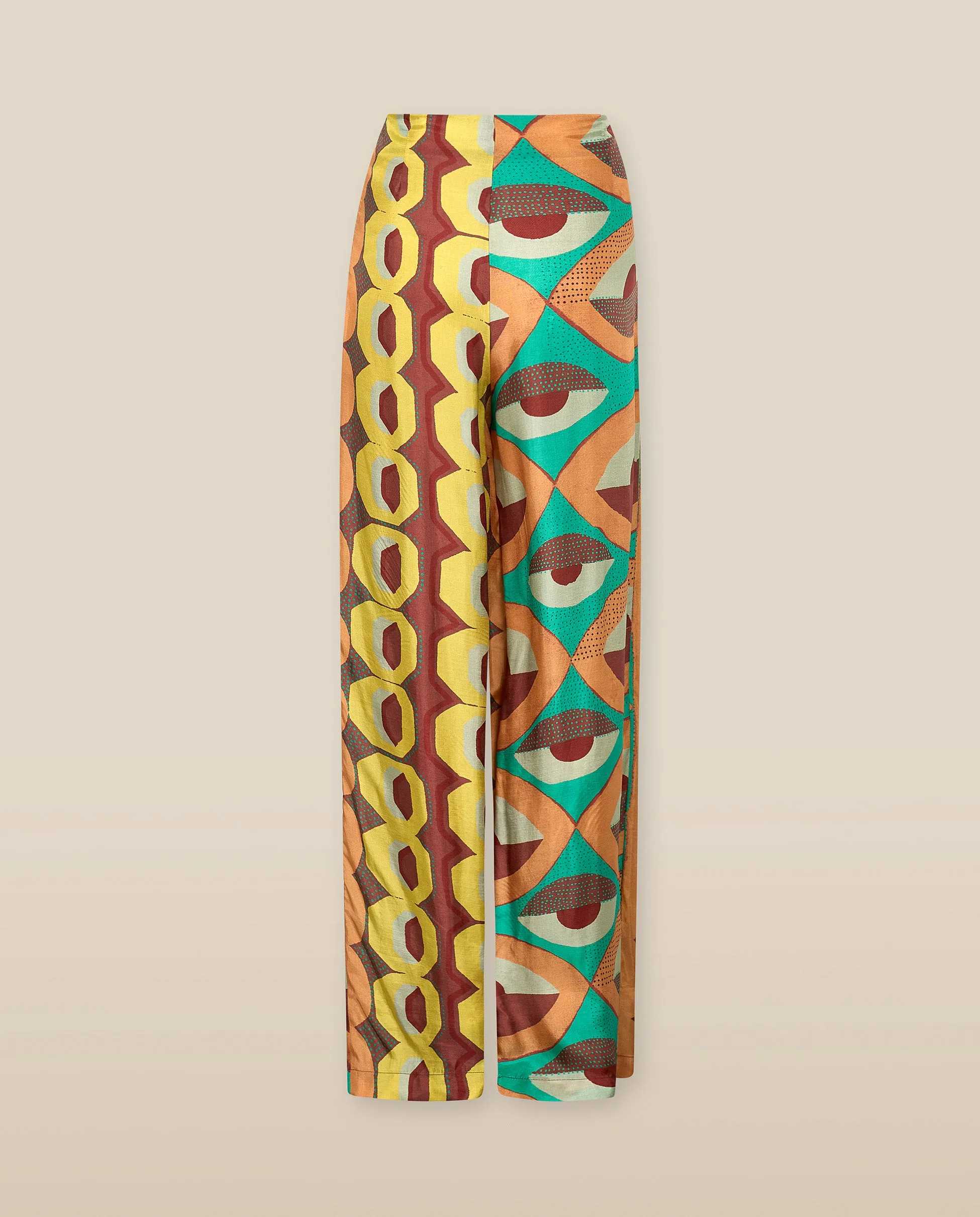 EMBER | Multicoloured Geometric Print Satin Wide Leg Trousers
