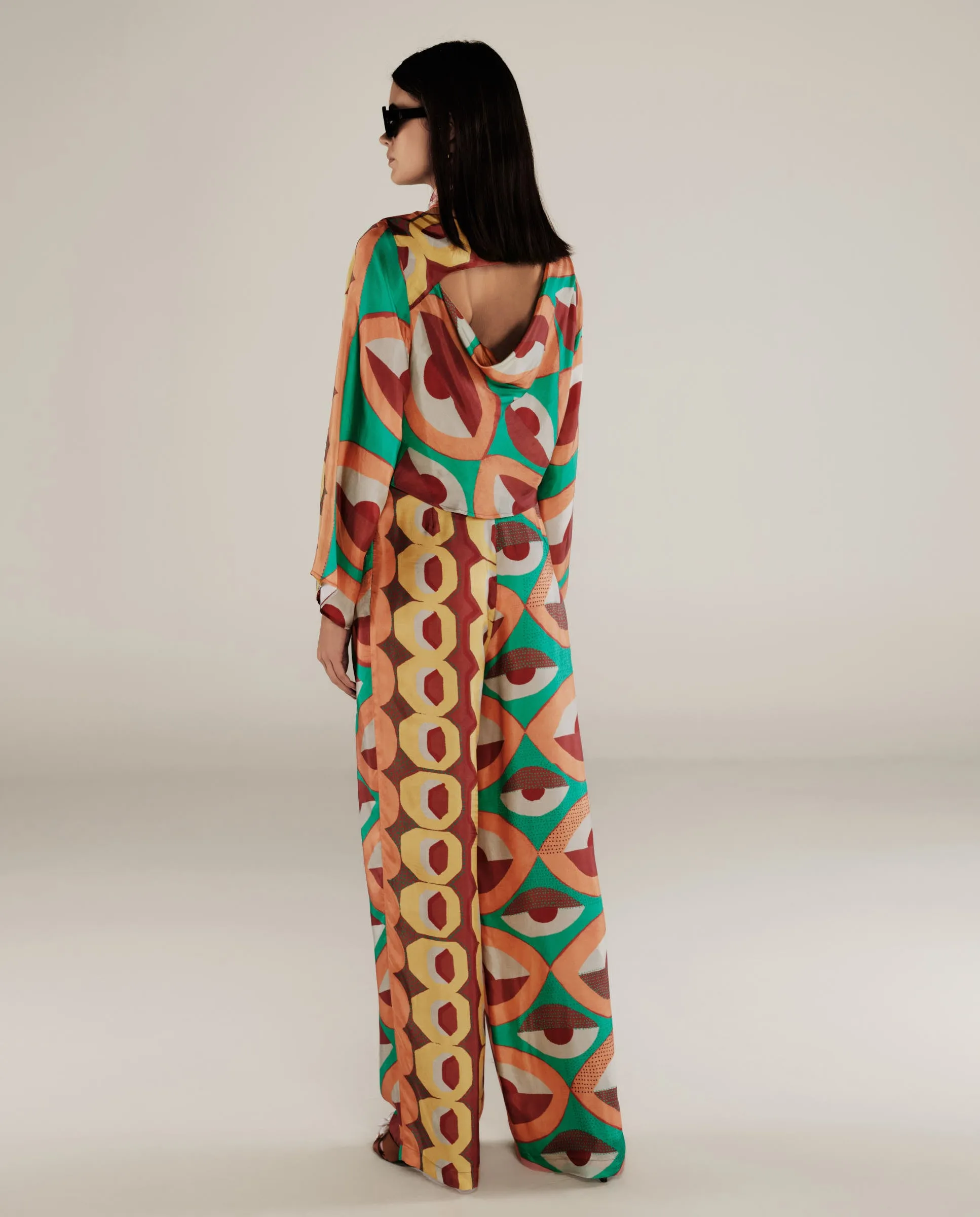 EMBER | Multicoloured Geometric Print Satin Wide Leg Trousers