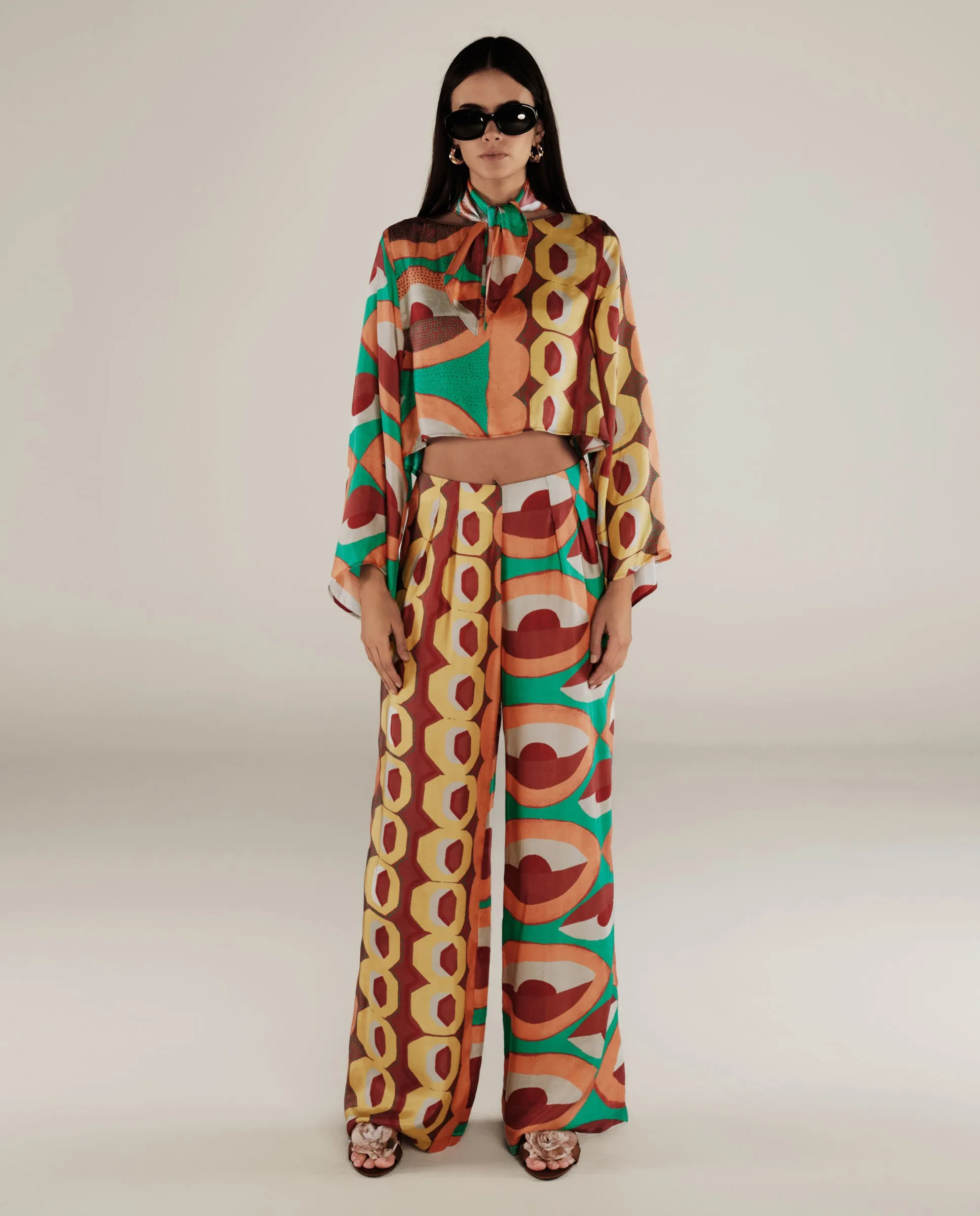 EMBER | Multicoloured Geometric Print Satin Wide Leg Trousers