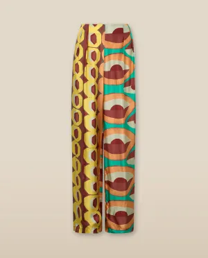 EMBER | Multicoloured Geometric Print Satin Wide Leg Trousers
