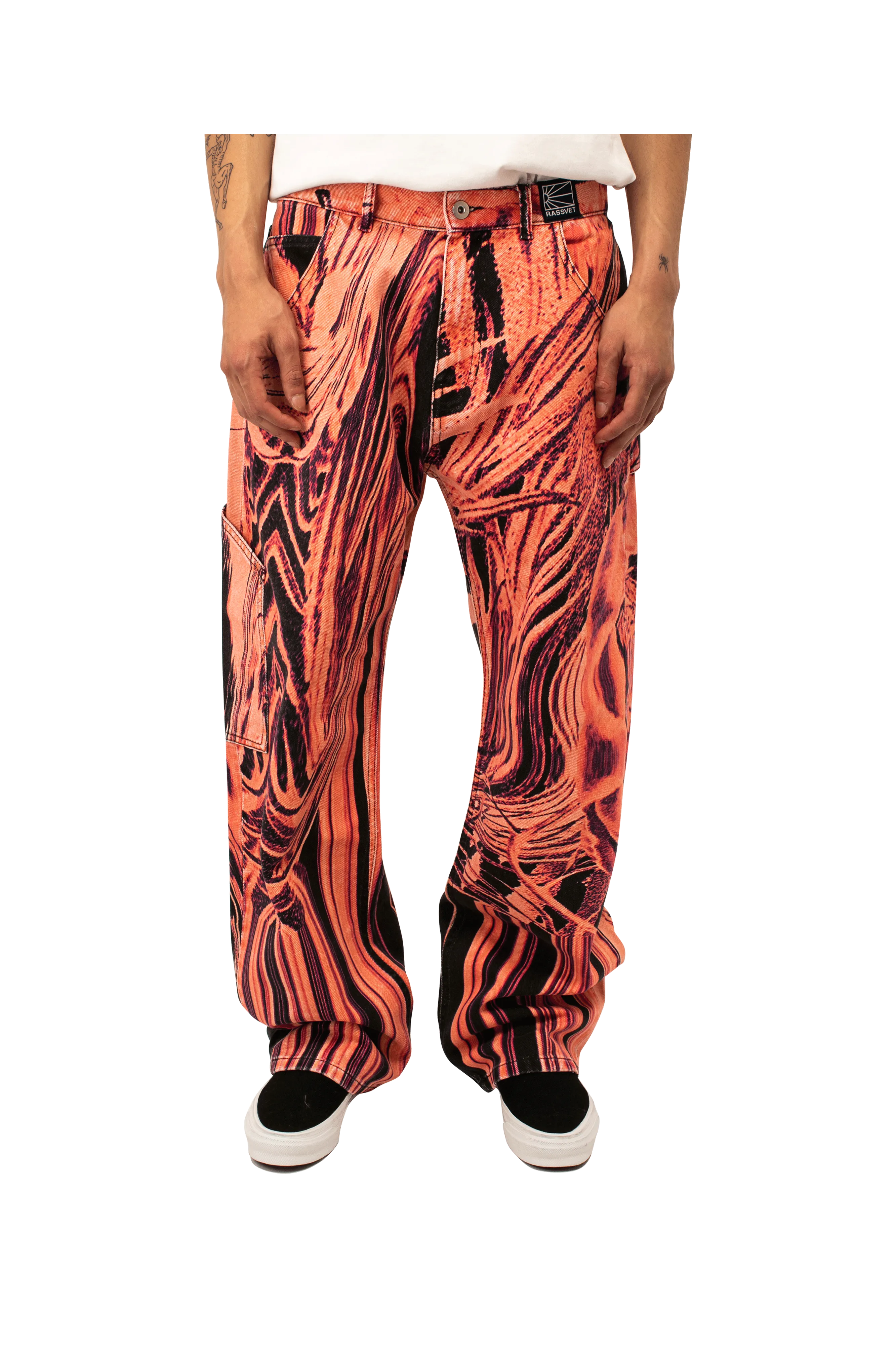 Flower Print Single Knee Baggy Denim Trousers