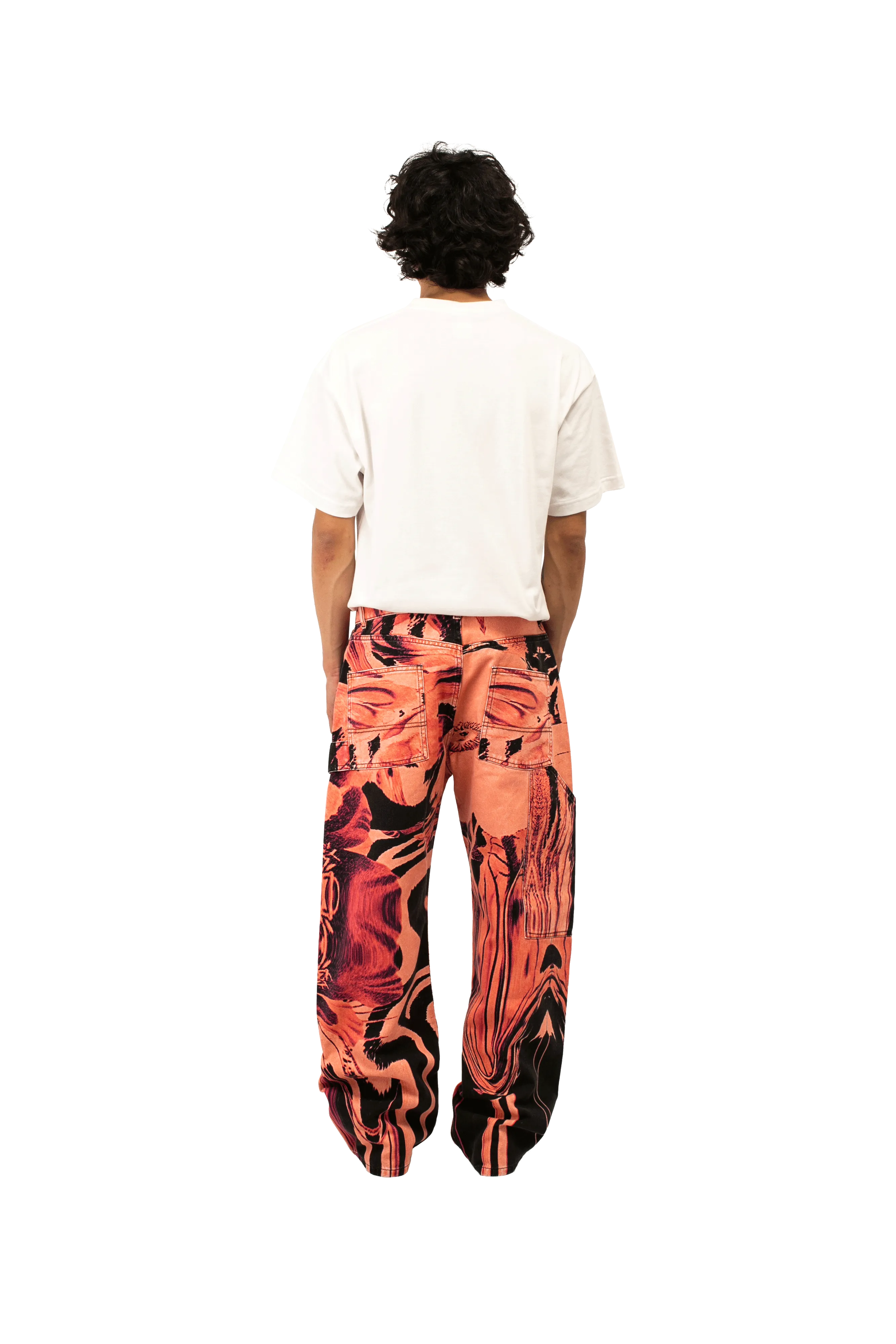 Flower Print Single Knee Baggy Denim Trousers