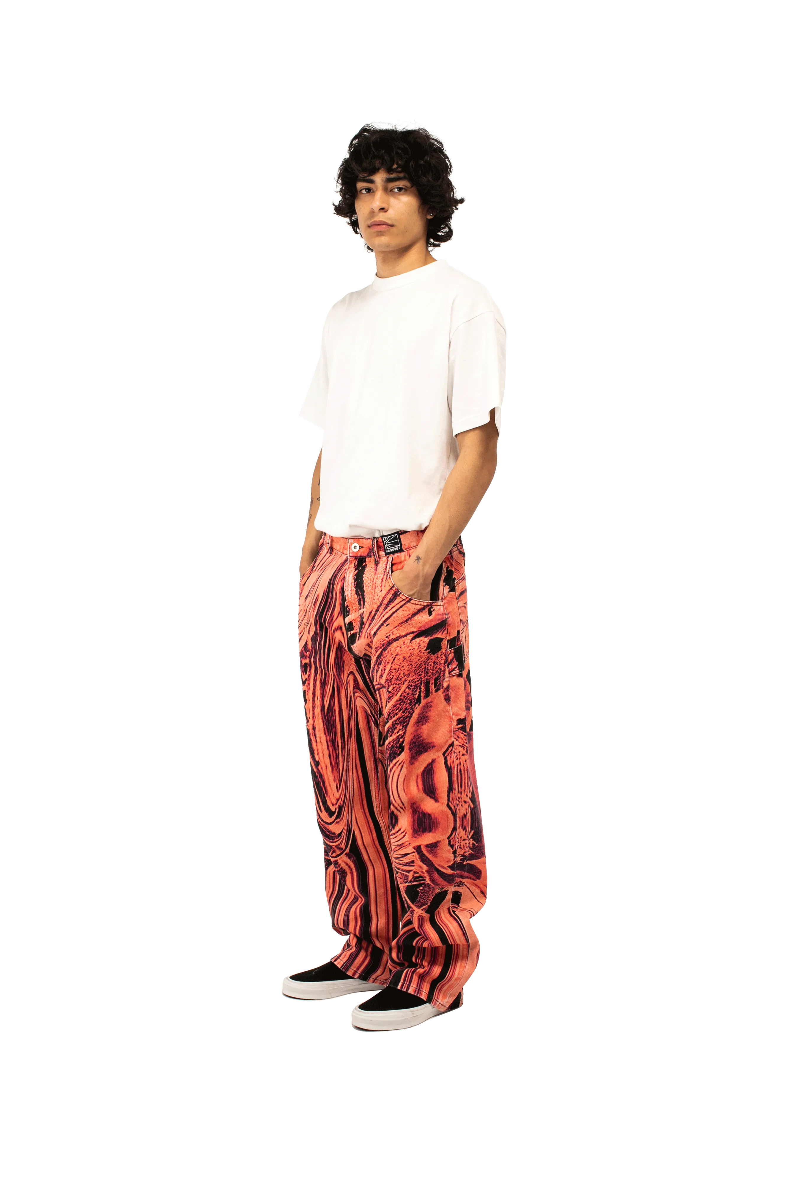 Flower Print Single Knee Baggy Denim Trousers