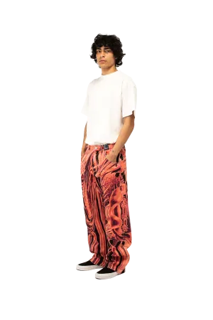 Flower Print Single Knee Baggy Denim Trousers