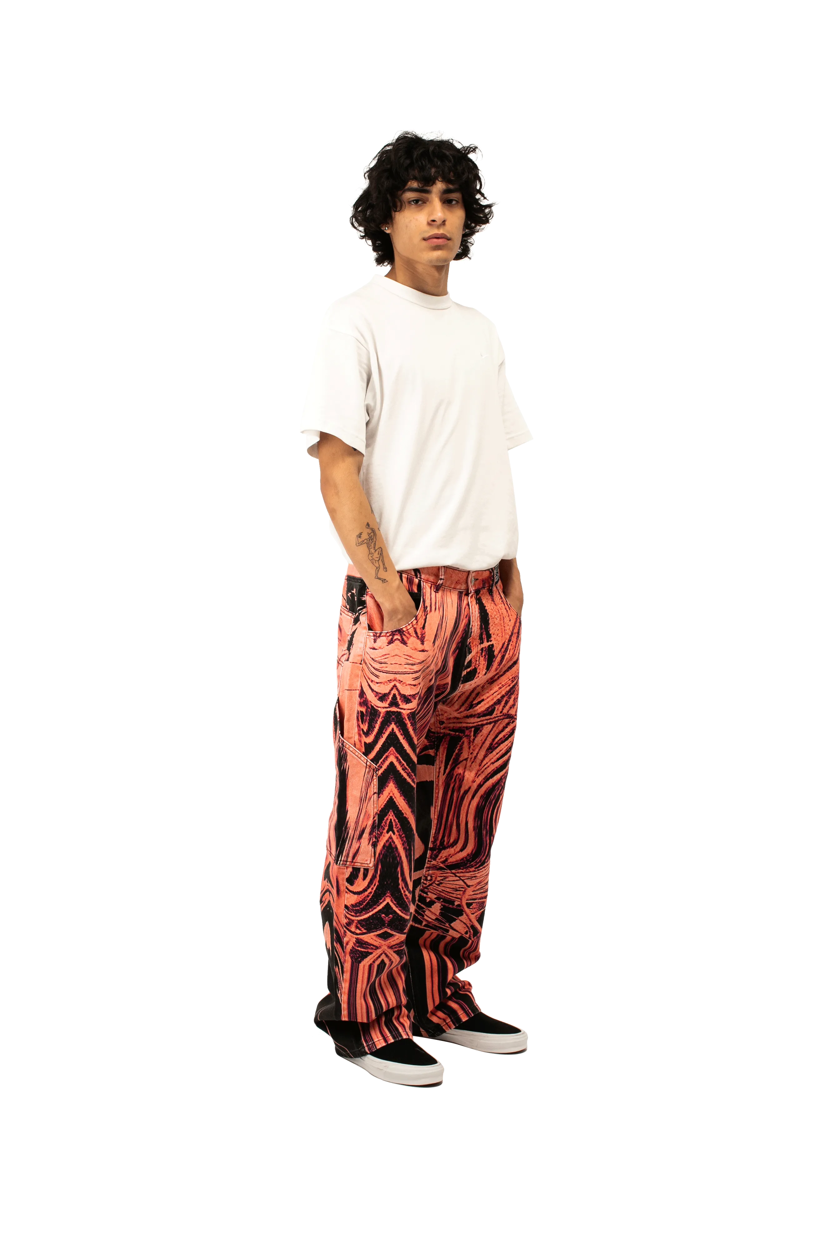 Flower Print Single Knee Baggy Denim Trousers