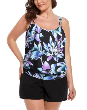 FULLFITALL - Multicolored Lotus Strap Blouson Tankini With Cargo Short