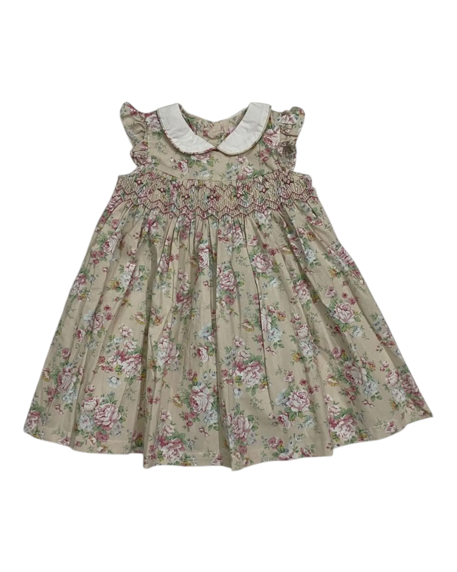 Girls' Smocked Patterned Short-Sleeve Collared Dress