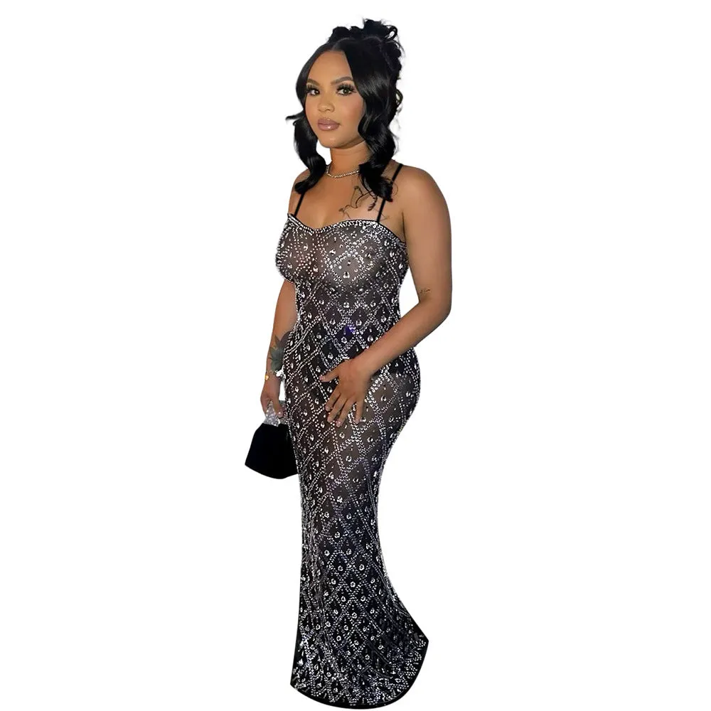 Glamorous Sheer Beaded Bodycon Maxi Dress for Show-Stopping Elegance