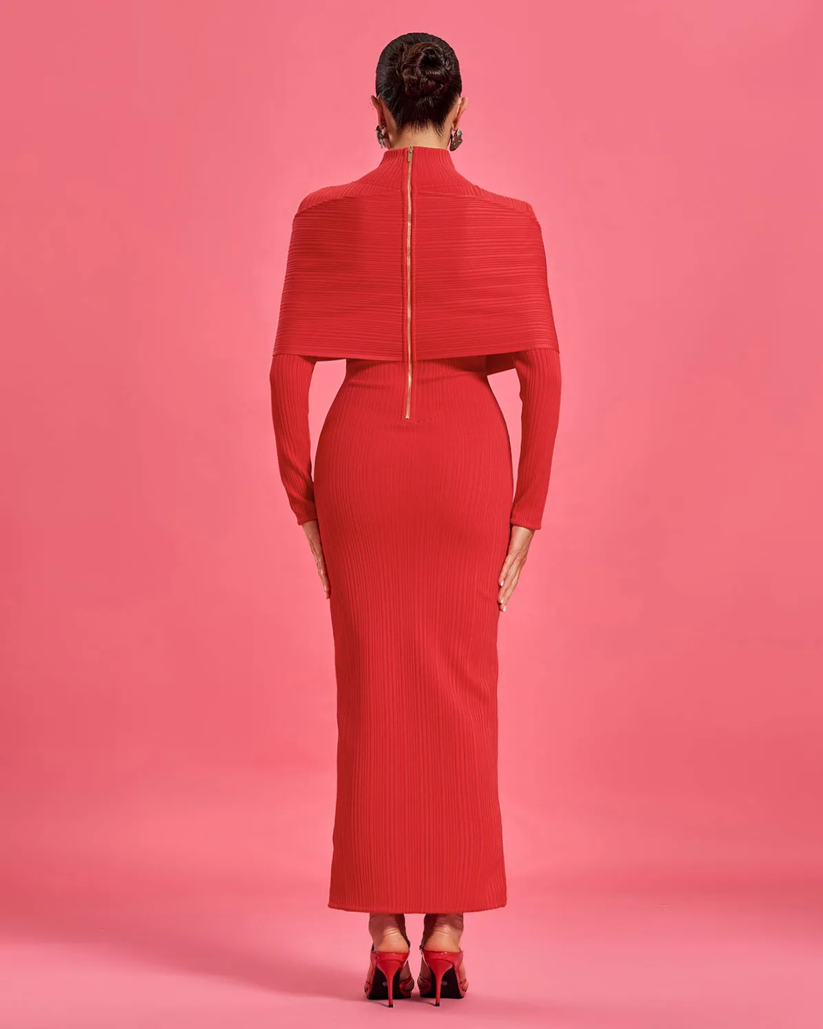 High-collar Cross Ribbed Bandage Maxi Dress