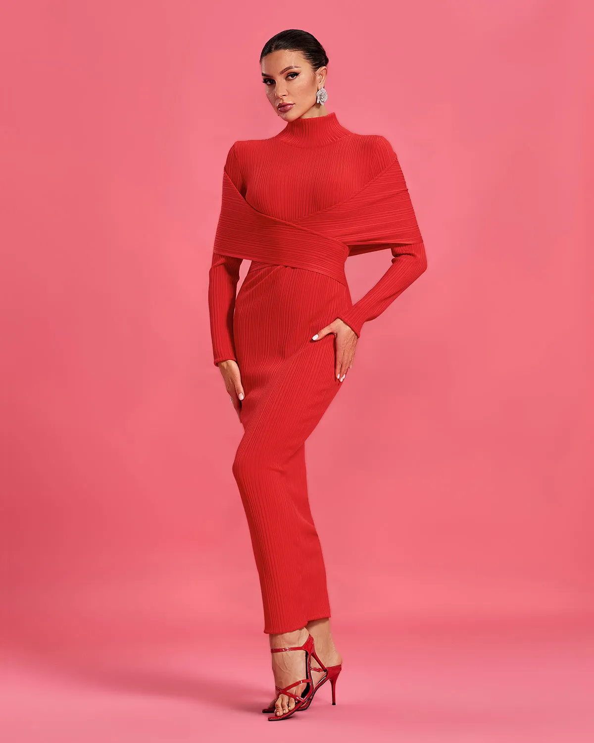 High-collar Cross Ribbed Bandage Maxi Dress