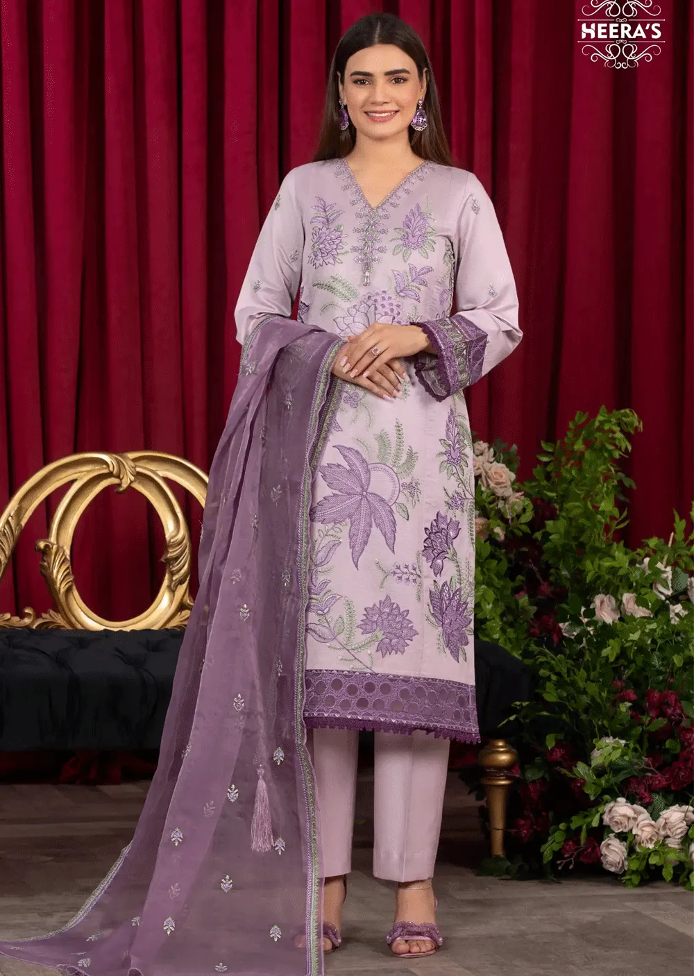 HSS-162 - Readymade - Royal Lilac Embroidered Suit by Heeras