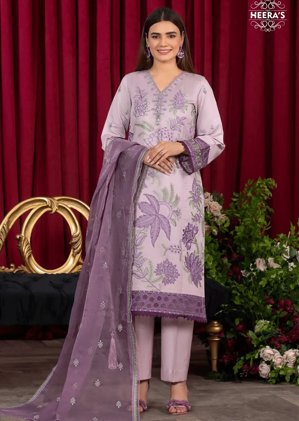HSS-162 - Readymade - Royal Lilac Embroidered Suit by Heeras