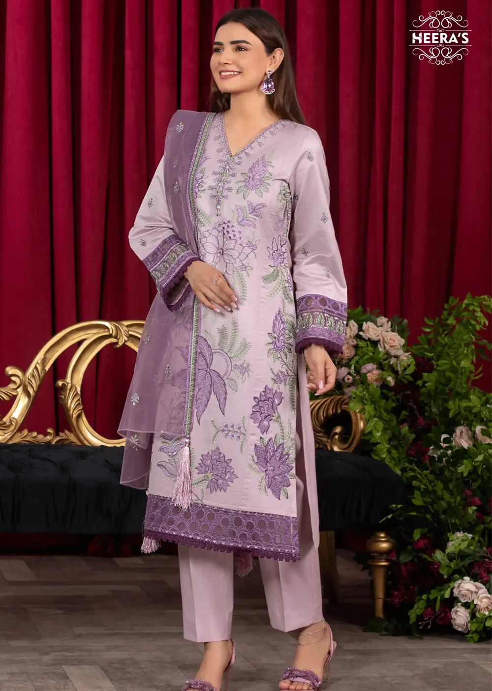 HSS-162 - Readymade - Royal Lilac Embroidered Suit by Heeras