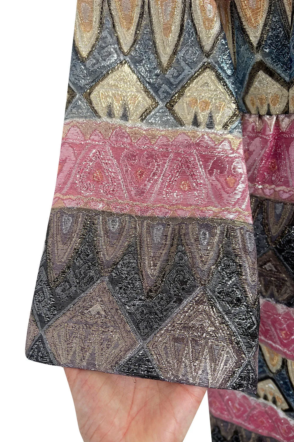 Incredible Fall 1970 Bill Blass Runway Pink Patterned Gold Metallic Thread Dress w Wide Sleeves