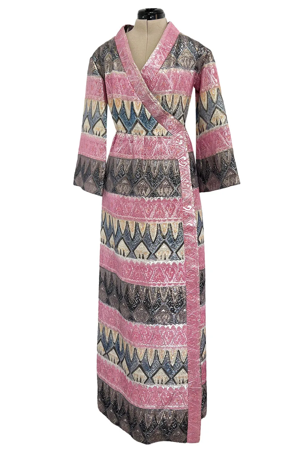 Incredible Fall 1970 Bill Blass Runway Pink Patterned Gold Metallic Thread Dress w Wide Sleeves