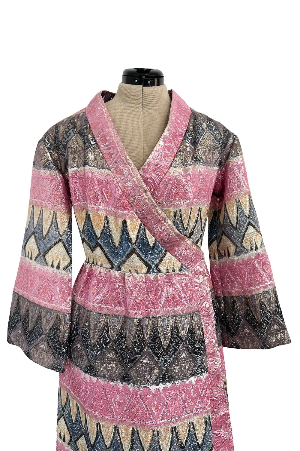 Incredible Fall 1970 Bill Blass Runway Pink Patterned Gold Metallic Thread Dress w Wide Sleeves