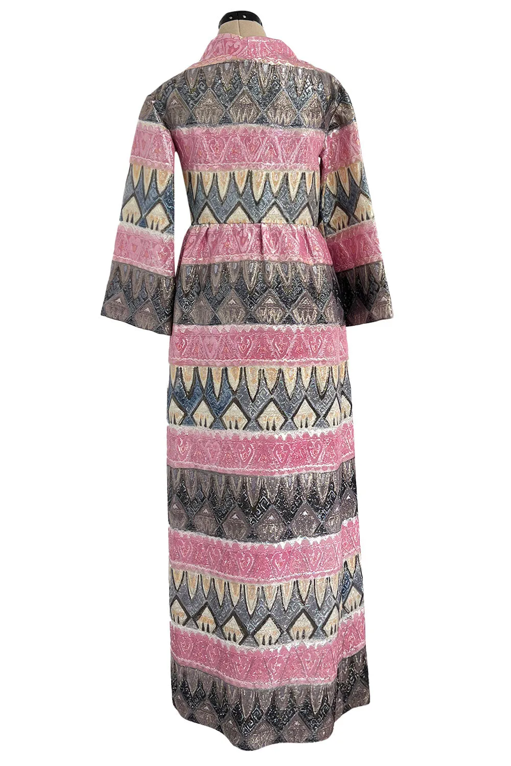 Incredible Fall 1970 Bill Blass Runway Pink Patterned Gold Metallic Thread Dress w Wide Sleeves