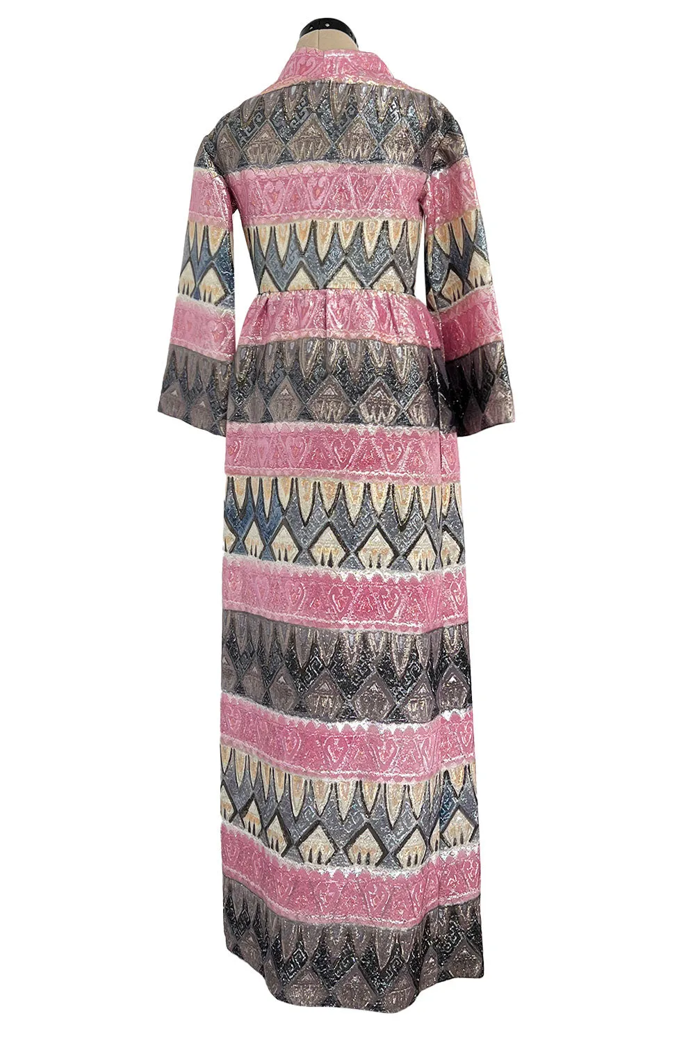 Incredible Fall 1970 Bill Blass Runway Pink Patterned Gold Metallic Thread Dress w Wide Sleeves