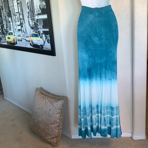 LAPIS knit maxi skirt, turquoise/white tie dye, wide elastic waist/pull on M EUC