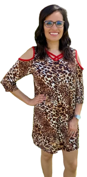 Leopard Flutter Tunic with Red Criss Cross Neck & Cold Shoulders