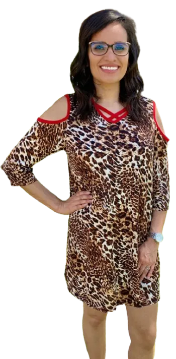 Leopard Flutter Tunic with Red Criss Cross Neck & Cold Shoulders